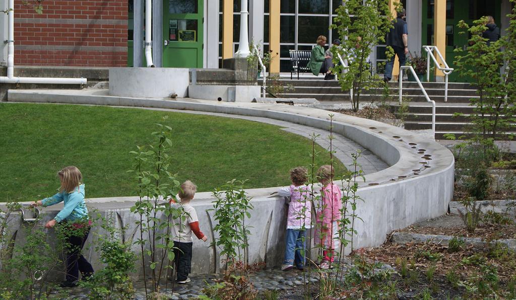Water features are an important element of the public realm because they provide places to play, attenuate street noise, create a visually appealing environment, and can serve as landmarks and focal