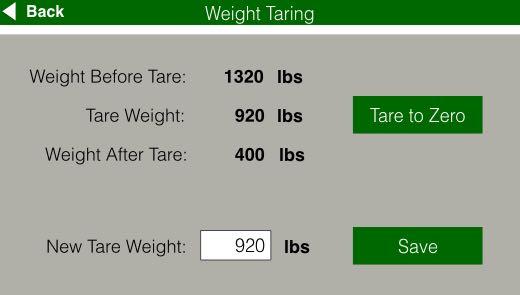 Weight Taring Configuration Otherwise, the machine's tare weight can be explicitly set in the New Tare Weight field. Press the Save button to save your changes. 5.