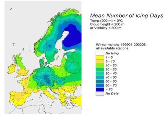2 Figure 1.1: Icing map of Europe. Mean number of icing days at 100 m above ground level [50].