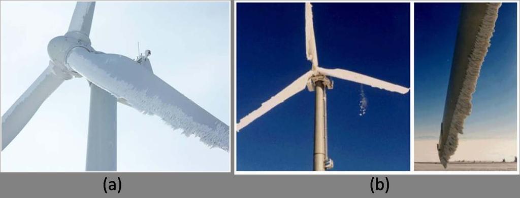 4 Figure 1.3: (a) Ice accumulation on the leading edge of wind turbine blades causes reduced turbine availability, and if operated, potentially damaging loading and increased public safety concerns.
