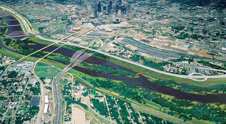 NATURAL AREAS AND THE TRINITY RIVER The aerial imaging and rendering shows potential transportation and pedestrian linkages over the Trinity River.