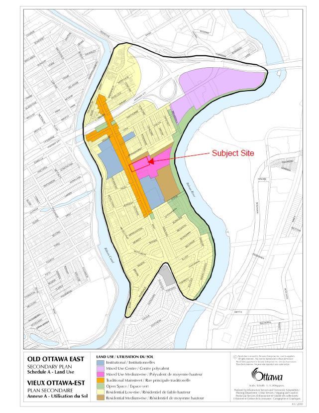Figure 2: Old Ottawa East Secondary Plan Schedule A Land Use. Site arrowed. Source: City of Ottawa Urban Design Guidelines for Traditional Mainstreet and Mixed-Use Medium-Rise.