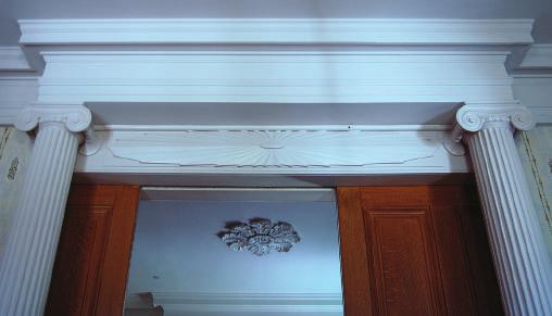 trim; cornice represents classical entablature (includes cornice, frieze, architrave); porches use square or rounded