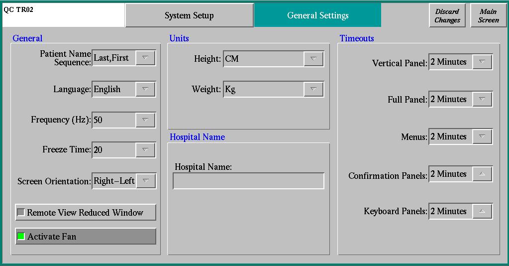 Menntor X7 Service Manual Figure 3-3: The General Settings Dialog Panel The General Settings panel is divided into five areas; General, Units, Timeouts, Hospital Name and and Special Features General