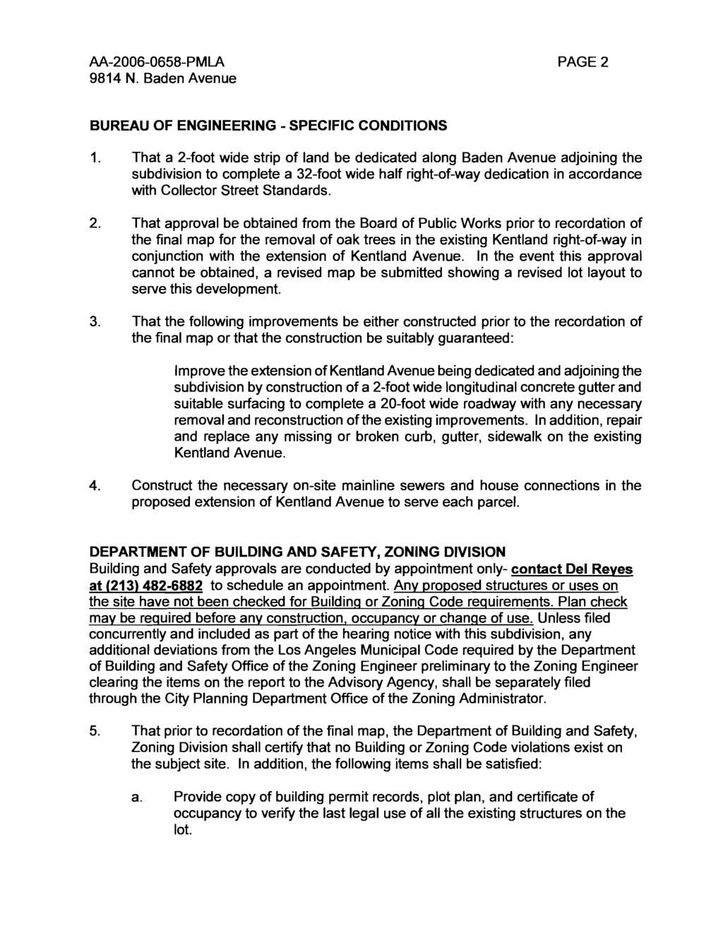 PAGE 2 BUREAU OF ENGINEERING - SPECIFIC CONDITIONS 1.