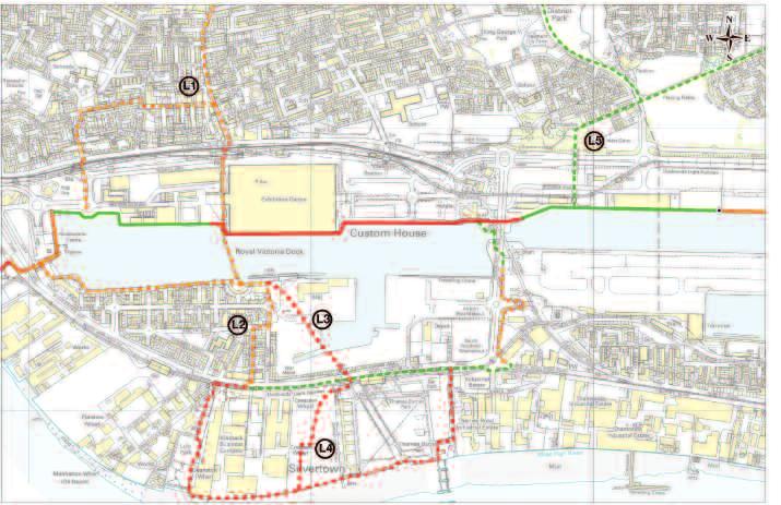 27 Thames Estuary Path Map 01 Royal Docks Key Barrier Fully Open, Good Surface Proposed, Surface/Legal Issue Proposed, Major Work Needed Link or Option 0 200m