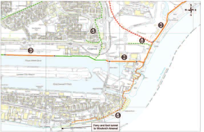 29 Thames Estuary Path Map 02 UEL and Gallions Reach Key Barrier Fully Open, Good Surface Proposed, Surface/Legal Issue Proposed, Major Work Needed Link or Option 0 200m