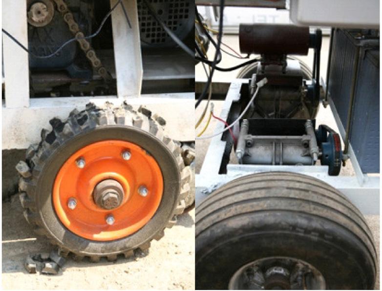 2. Driving mechanism (b) Driving mechanism (d) Dust collecting mechanism The driving mechanism is composed of two rear wheels for driving, and two front wheels for steering (Fig. 3(b)).