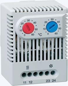 ZR 011 Dual Thermostat NC / NO or NO / NO in one unit Separate adjustable temperatures Color coded temperature dials DIN rail mountable The ZR 011 houses two separate thermostats, allowing the