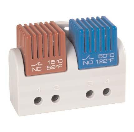 FTD 011 Tamperproof Dual Thermostat NC / NO or NO / NO in one unit Fixed setpoints Color coded modules DIN rail mountable Two thermostats in one housing: Tamperproof (Pre-set) Thermostat - NC Opens