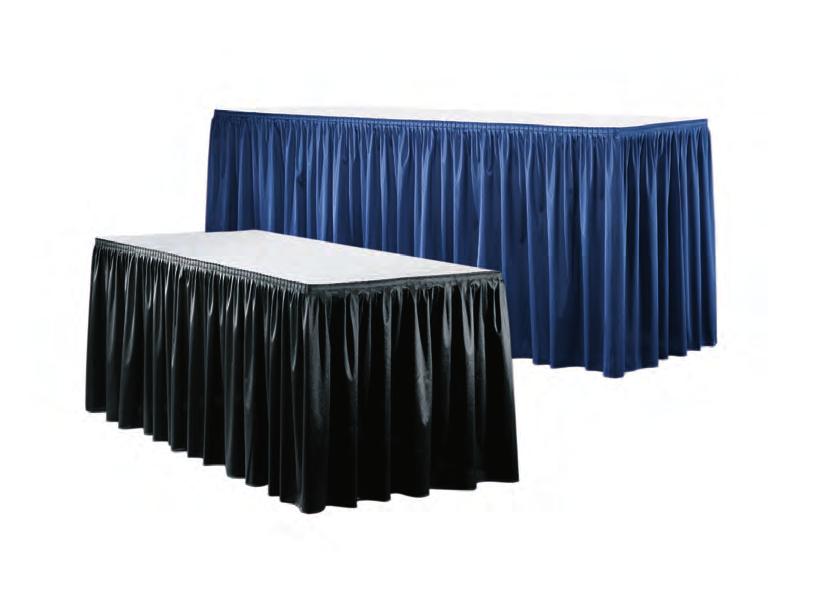 draped or undraped table counters Colored draping includes white vinyl top and pleated skirt on three sides. Fourth-side draping is available. Undraped tables include white vinyl tops.