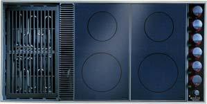 PerimaVent TM downdraft ventilation system on electric cooktops captures smoke, steam and odors and pulls them out through the edges of the basin pan and at the air grille, before they have a chance