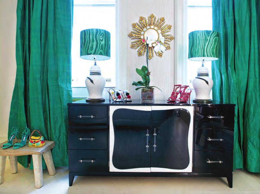 Custom Robert Allen malachite lampshades sit atop a Dorothy Draper designed dresser in the master suite s walk-in closet (opposite top left and bottom),
