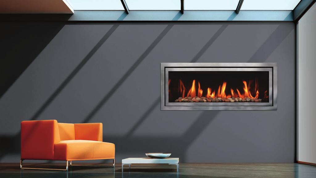 Model ML47 MOD with Brushed Chrome Wide Grace and Traditions paired fronts, Natural River Rock fire base and Panoramic Black Porcelain Reflective interior lining Modern Linear Luxury from a new