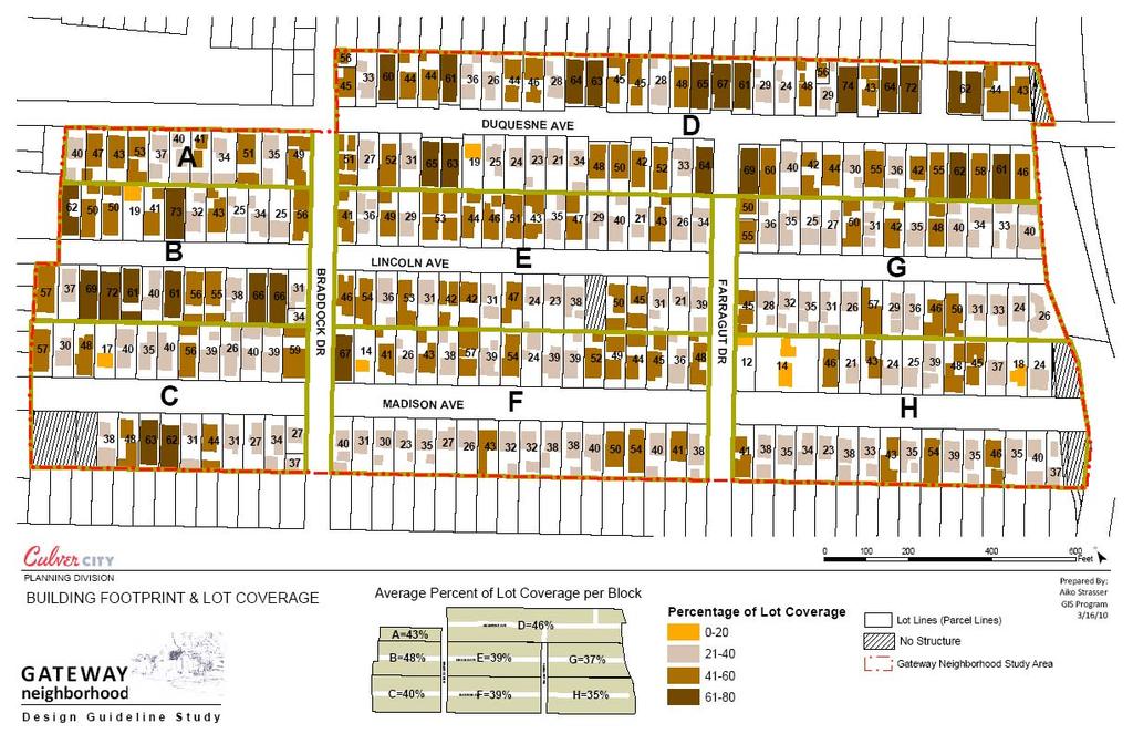 Map 3 Use Pattern: In the Neighborhood, blocks A through D are zoned Residential Medium Density (RMD), with the exception of one lot at the north end of Lincoln Avenue which is zoned Commercial