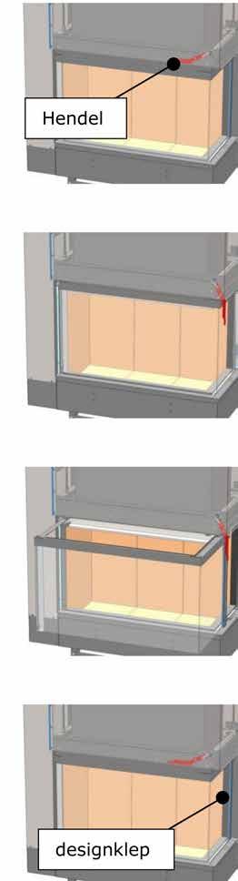 Kalfire W65/38C Kalfire W90/47C 1. Before you are going to clean the glass, it has to be completely cooled down, to prevent damage. 2. Press the complete lifting door down firmly. 3.