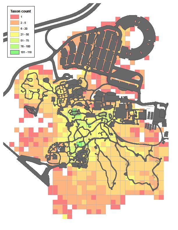 Taxonomic diversity map Desert Botanical Garden Heat map created in ArcMap