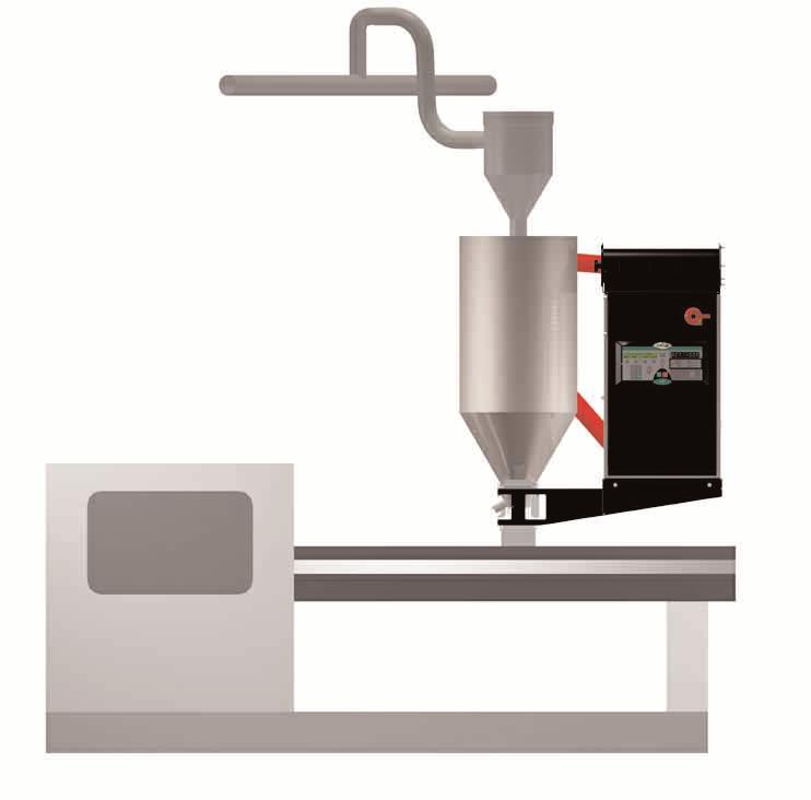 The D dryer can be mounted beside the hopper on the throat of a processing machine using the optional diving board support frame,