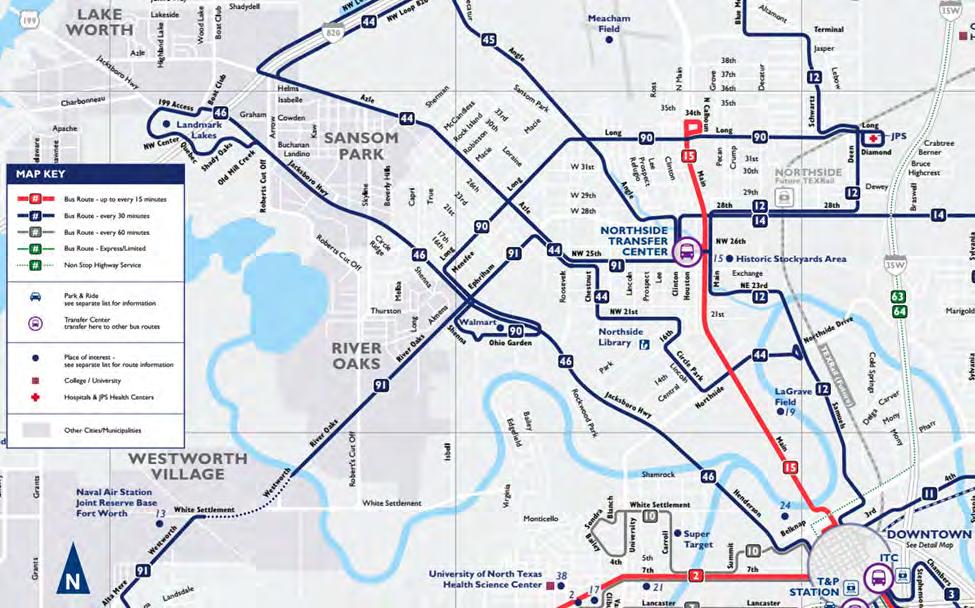 service pattern creates large sections of the study corridor without bus service (see Exhibit II-47 in Volume II).
