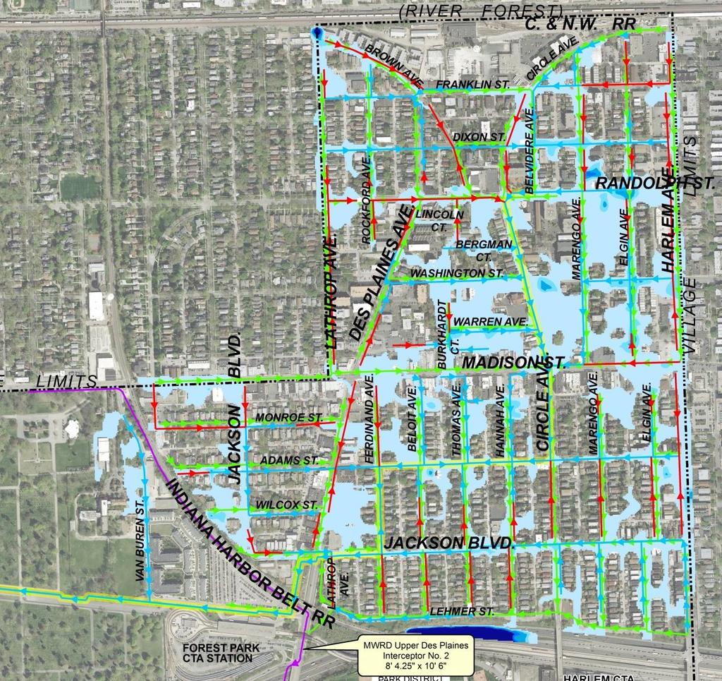 Street Flooding in Area 1 Alternative 1: 10-Year Storm Convert existing 66" combined sewer in the Illinois Prairie Path to storm sewer and use as the outfall to Des Plaines River for stormwater