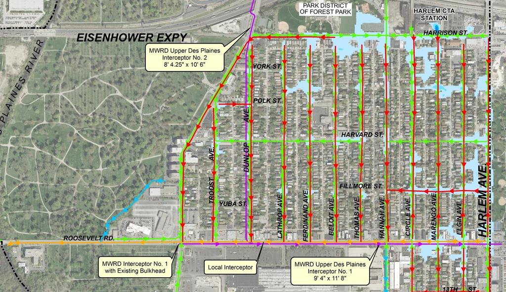 Street Flooding in Area 2 Alternative 1B: 10-Year Storm Convert existing combined sewer in Roosevelt Road to storm sewer and use as stormwater outfall to Des Plaines River Does NOT include storage