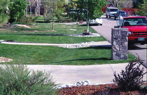 Figures 10 and 11. Grass swales in residential and commercial areas are viable substitutes for inlets and storm sewers, slowing flows and enhancing infiltration and treatment of runoff.