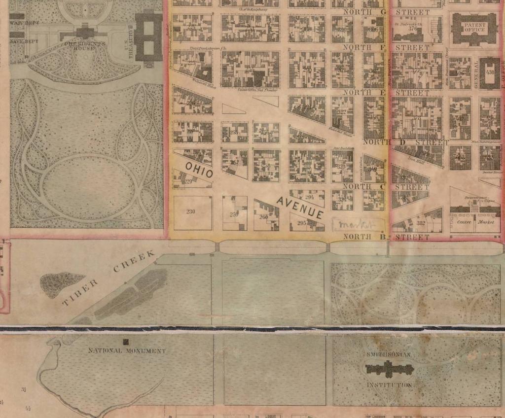 The Early 19 th -Century Landscape The Monument Grounds remained in pasture through the Civil War, while President s Park and the Smithsonian Grounds were formally landscaped Boschke map shows two