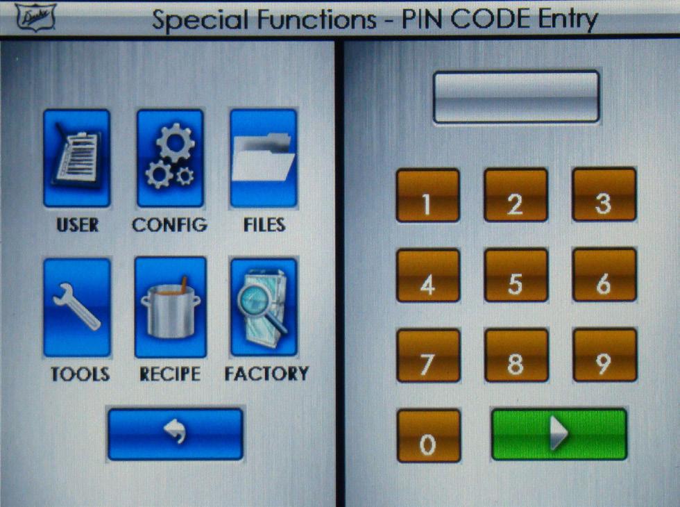 Figure: Special Functions Screen RECIPE EDIT PROGRAMMING INSTRUCTIONS 1. Touch the button and then enter pin code 5 6 7 8 and Touch the button when prompted. FIGURE: Recipe Edit Selection Screen 3.
