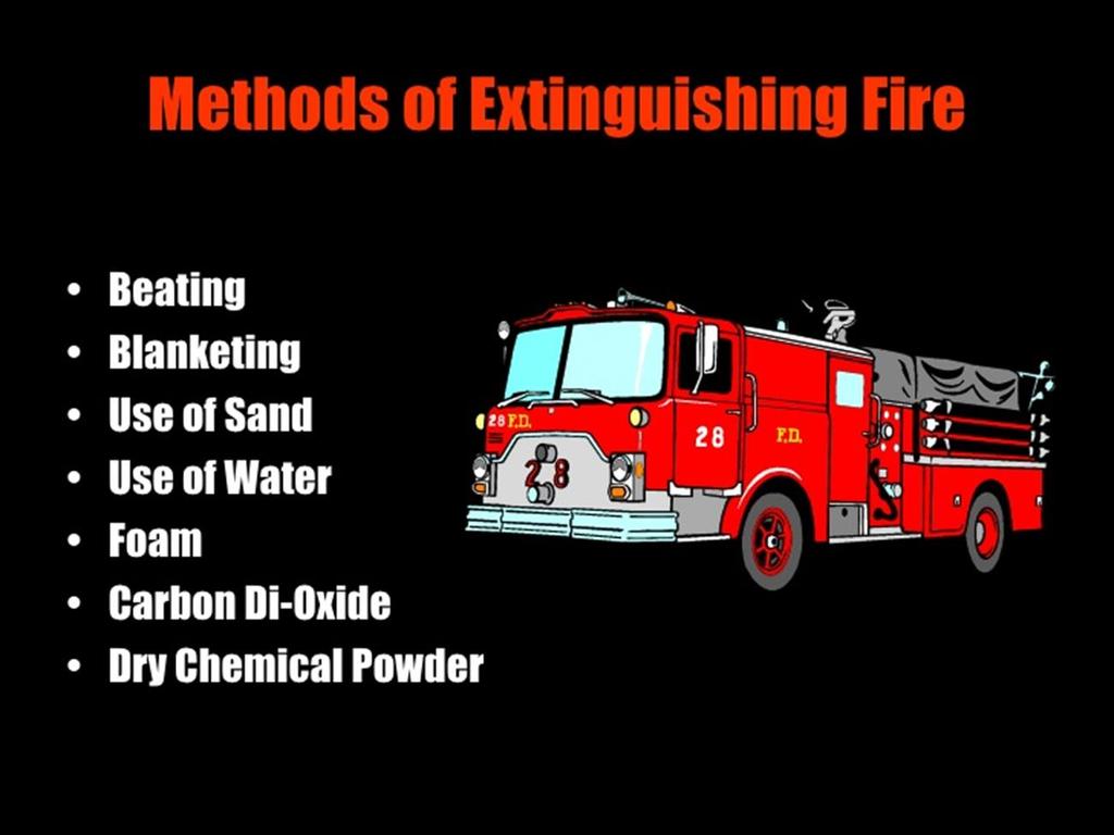 Methods of Extinguishing Fire Cooling the fuel by removing heat (e.g., by applying water).