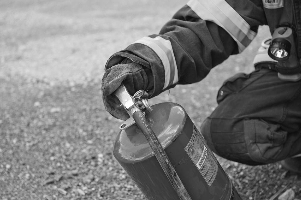 Coat the burning fuel with dry chemical. 5. Size up the fire to determine whether a multipurpose dry-chemical fire extinguisher is safe and effective for this fire.