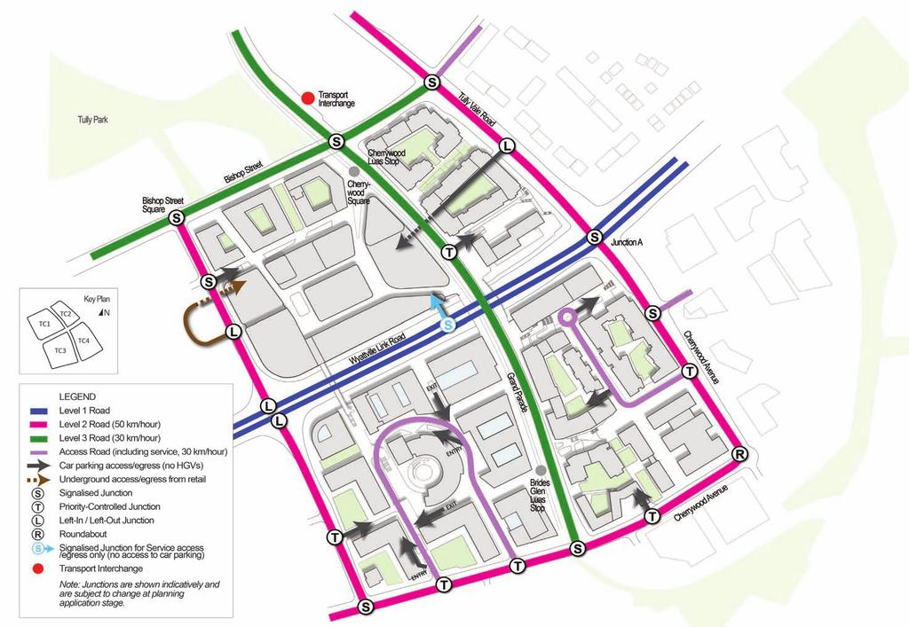 5.4 Vehicular Access and Movement Strategy 5.4.1 Road Hierarchy Map 4.5 of the Cherrywood Planning Scheme identifies the road hierarchy for the main road network throughout Cherrywood.