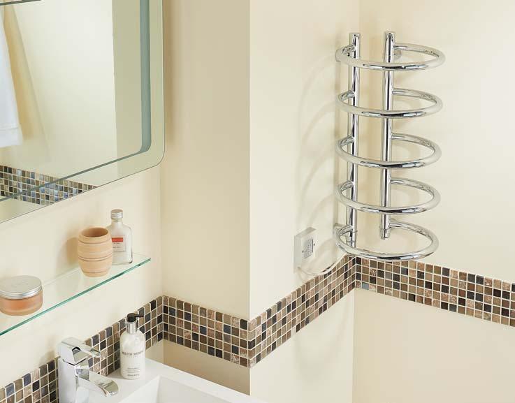 THE DESIGNER RANGE Corner rail Features Space-saving, fits into the corner of a bathroom or flat to wall where space is at a premium Low wattage for low running costs Easy to use, designed for drying
