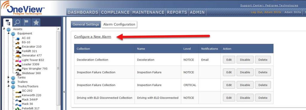 Click on Configure a New Alarm Either option will bring the user to the Alarm