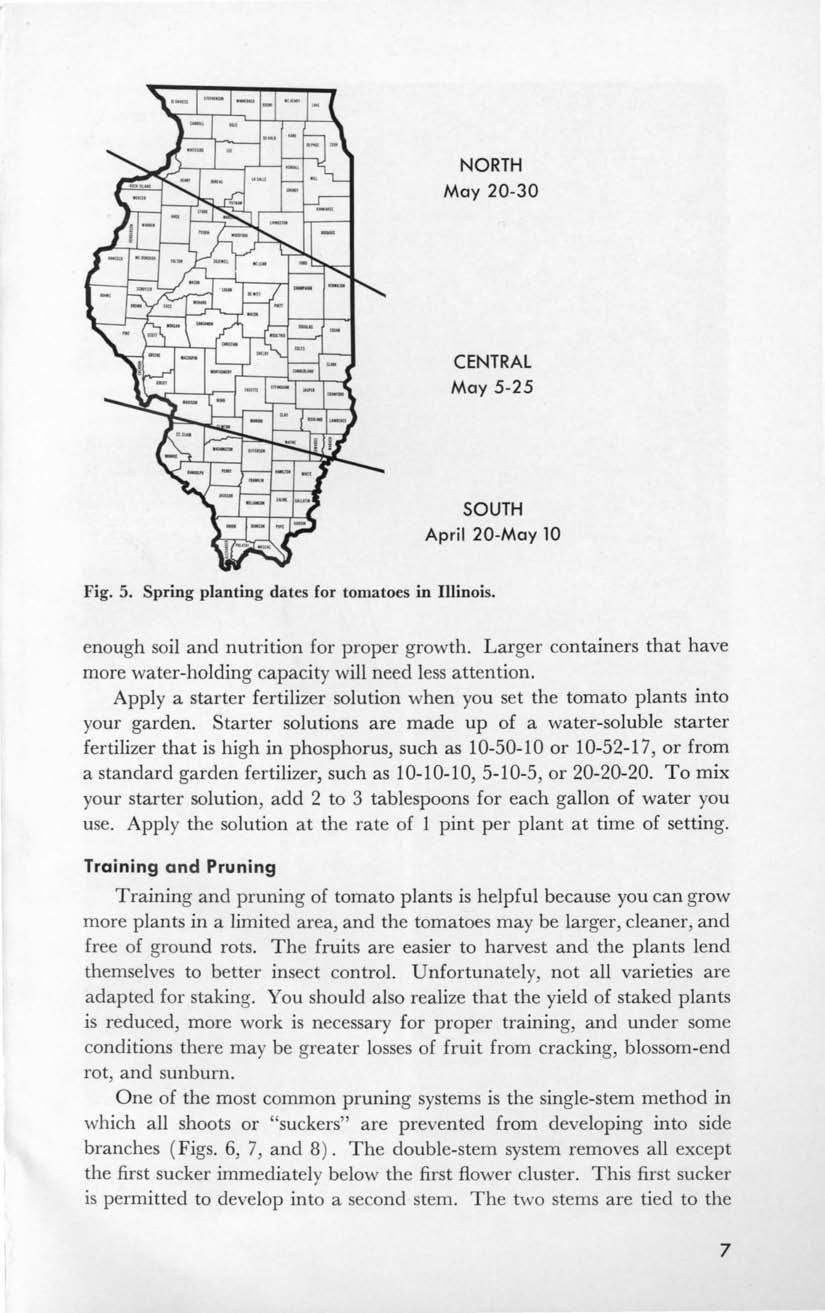 NORTH May 20-30 CENTRAL May 5-25 SOUTH April 20-May 10 Fig. 5. Spring planting dates for tomatoes in Illinois. enough soil and nutrition for proper growth.