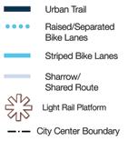 Bike infrastructure includes: Urban Trail Raised Off-Street Bike Lanes SKY RIDGE AVE Striped Bike Lanes Sharrow/Shared Routes See RidgeGate East Technical Supplement for specific details on bicycle