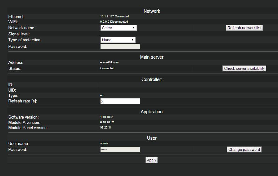 OPERATION In Settings tab in local version user can: read the IP address and status of Ethernet or WiFi network (Connected/Disconnected), read the WiFi signal strength [%], display information