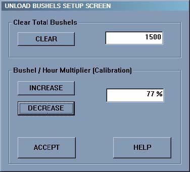 5. Vision Touch Screen Display 8. BHP Calibration: Touch the BHP CALIBRATION button to display the Unload Bushels Setup screen. (See Figure 5J.