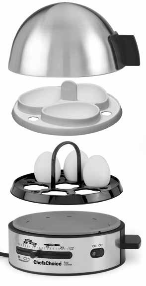 Understanding the Chef schoice Gourmet Egg Cooker The Chef schoice Egg Cooker consists of four main components; the base, lid, black egg rack and white egg poaching tray (see fig 1, below).