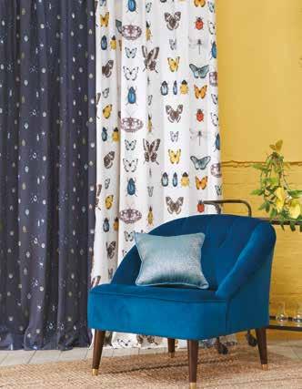 Hand drawn shimmering beetles, butterflies and dark painterly florals add drama, with luxurious satin and