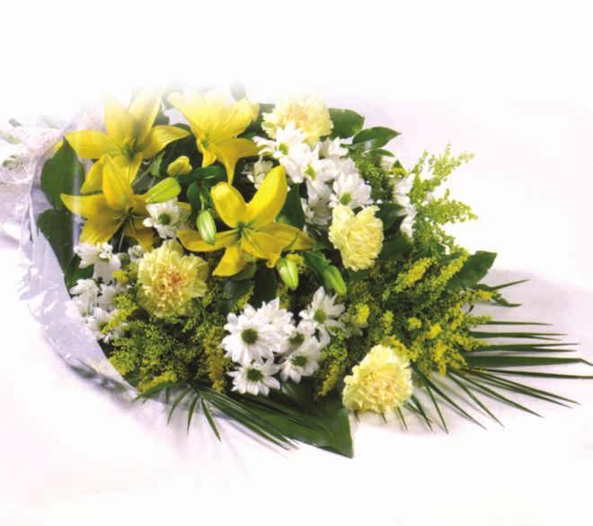 Flowers in Cellophane This sheaf of fresh flowers is carefully arranged and presented wrapped and tied with a ribbon.