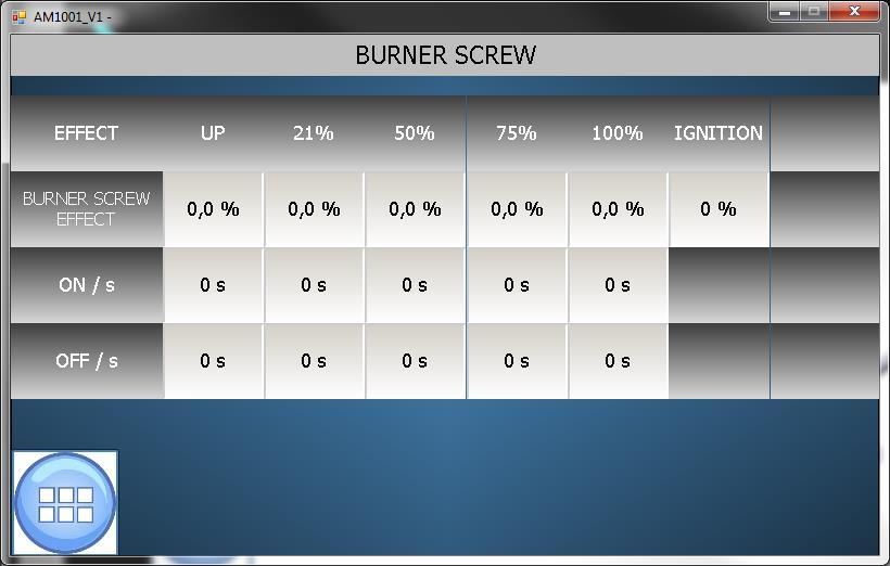 13.1 Burner screw settings Image 14. BURNER SCREW settings. Effect Factory Setting Function setting frequency UP 0.5 % 0-100 % Burner screw power in upkeeping mode. 21 % 2.