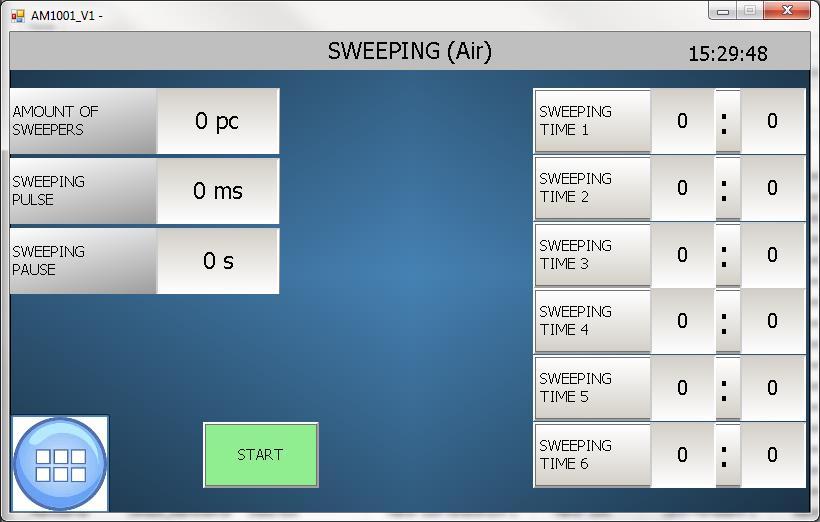 Image 21. SWEEPING (air) settings. Setting Factory Setting Function setting frequency Amount of sweepers 4 0-24 Number of sweeping valves. Sweeping pulse 350 ms 0 2,000 Sweeping valve opening time.