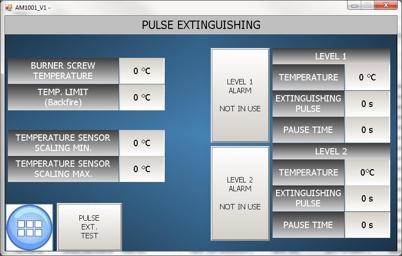 17.3 Pulse extinguishing Image 22. PULSE EXTINGUISHING settings. Setting Burner screw temperature Temp. limit (back fire) Temperature sensor scaling min. Temperature sensor scaling max.