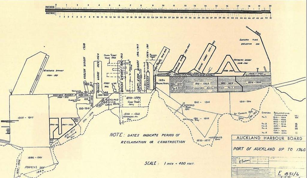 Figure 1: Historic Reclamation diagram of the Auckland Waterfront (Ports of Auckland) In the late 1980s the consolidation of the commercial port activity to the east of Queens Wharf saw the