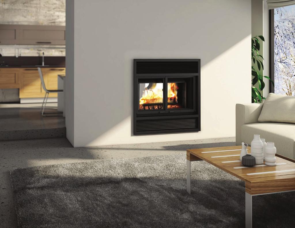 Decorative fireplace with modern style doors and narrow brushed nickel plated overlap.
