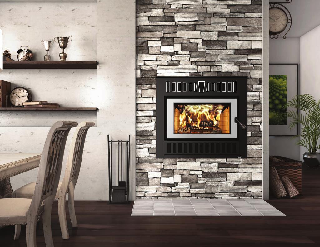 Performance fireplace with modern style faceplate and hot air gravity distribution kit -