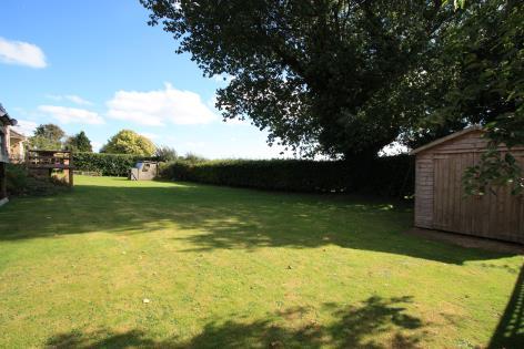 Rear: An enclosed garden with established conifer hedge and mature tree.