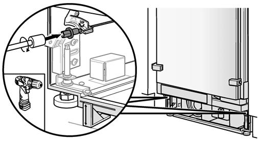 Unscrew the height-adjustable feet at the front of the appliance until the mark on the base has reached the indicated height (32 mm). 3. Align the appliance vertically using the feet at the back.