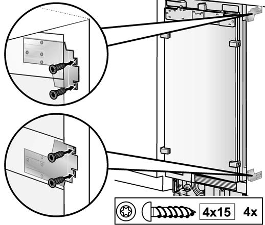 3. Fastening the appliance to the side wall of the installation niche Screw on the bars of the fastening sheets (lateral) with the cabinet parts located next to them. 2.