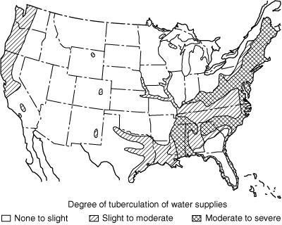 (4) In pendent sprinklers that are located away from air pockets and near convection currents. FIGURE D.2.5(a) Map of Hard Water Areas. (Courtesy of Cast Iron Pipe Research Association.) FIGURE D.2.5(b) Scale Deposition as a Function of the Alkalinity/pH Ratio.